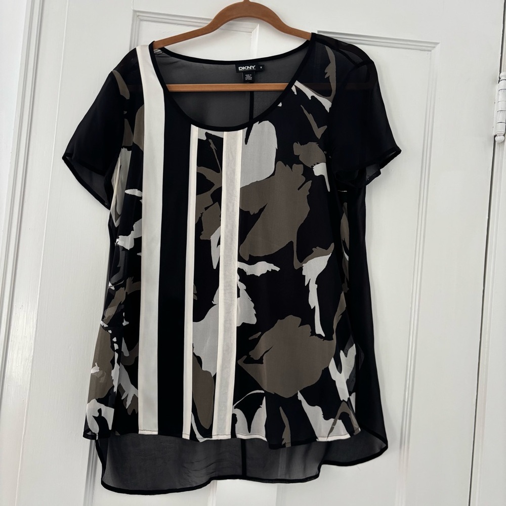 DKNY Black and Cream Abstract Blouse